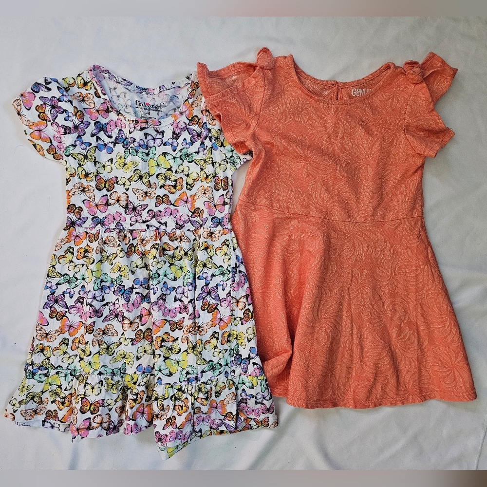 Set Of Two Kids Dresses- Colorful Butterfly and Orange Ruffle- Size 4
